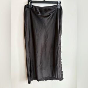 Black Satin Lace Trim Slip Skirt Size M | Vintage 90s Minimalist Midi Skirt